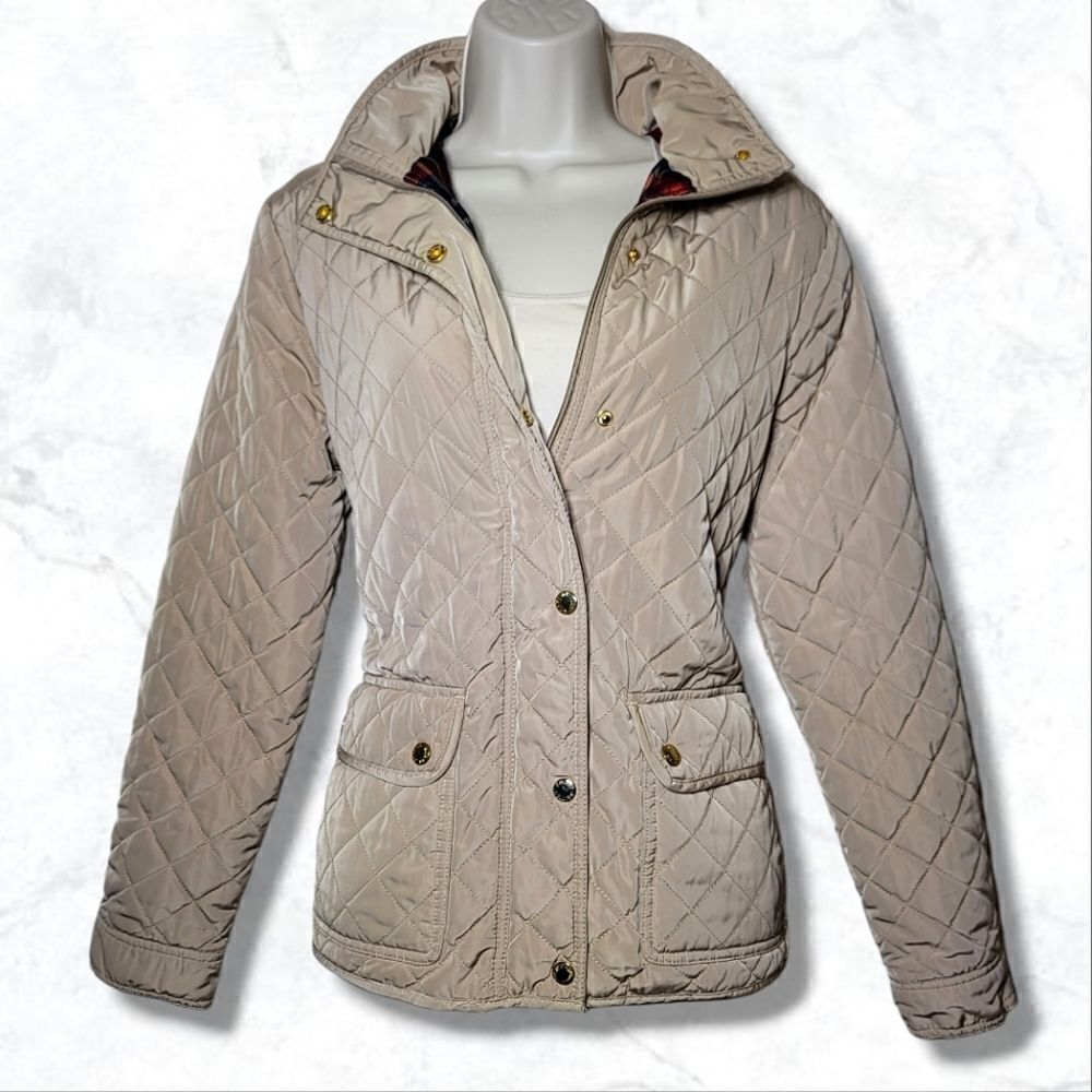 British Khaki Quilted Plaid Lined Zip/Button Outdoor Jacket